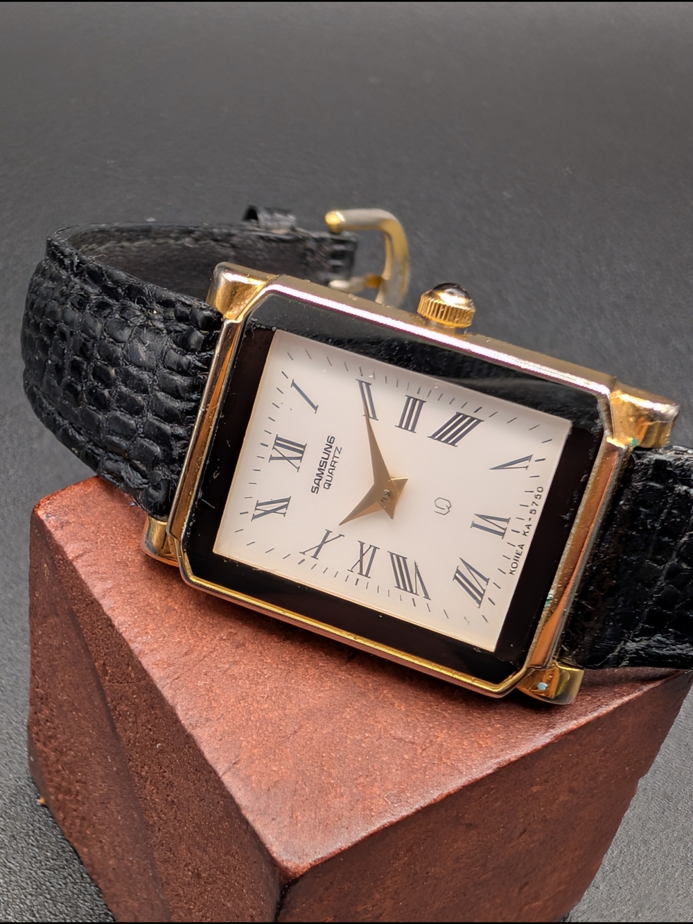 Samsung Quartz Rectangular Gold-Tone Watch with Black Leather Strap